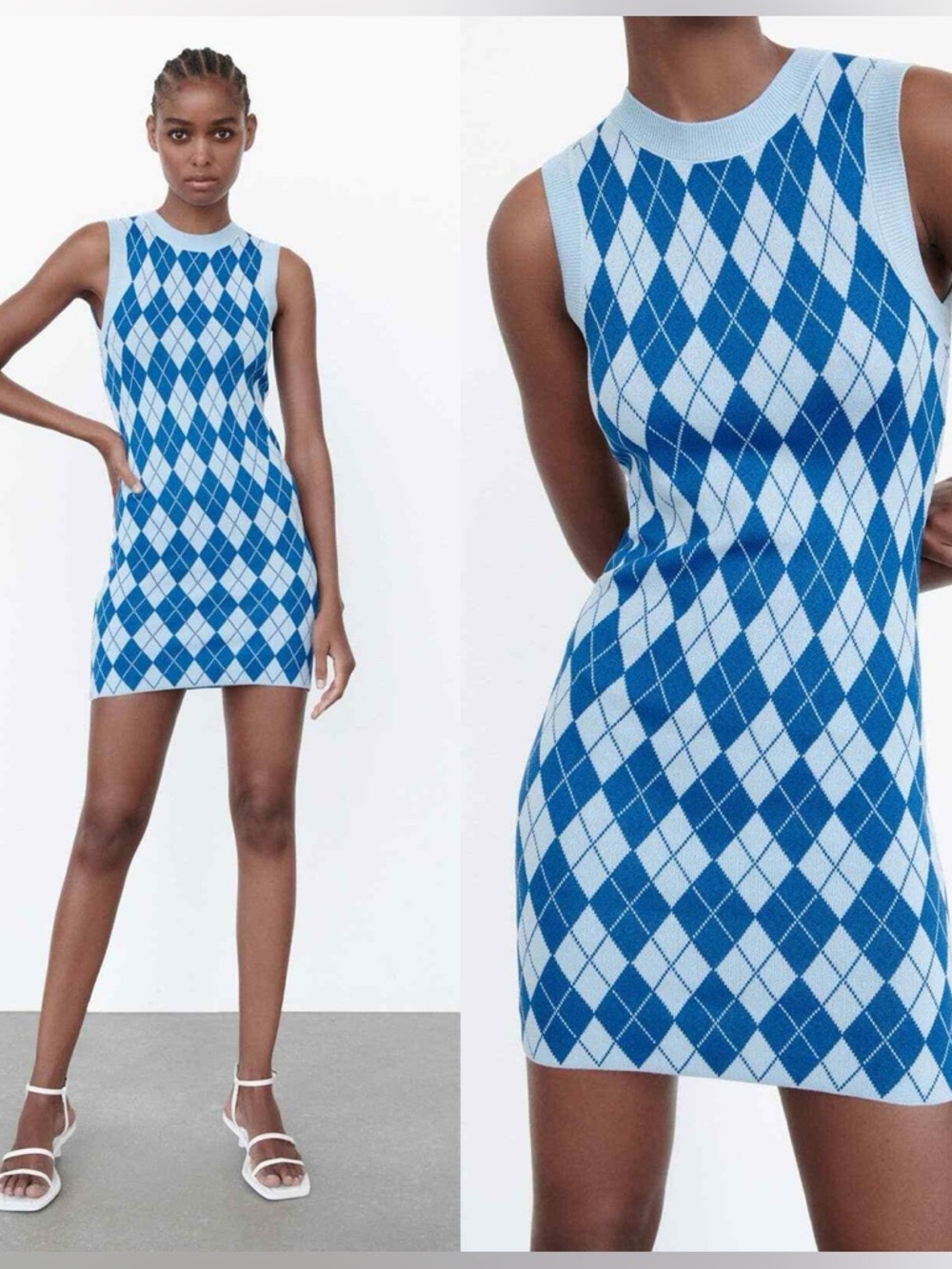 ZARA Blue Argyle Pattern Knit DRESS - Picture 6 of 6